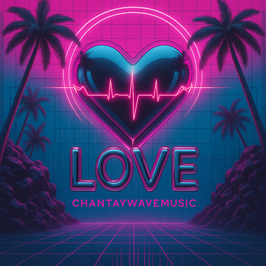 Neon heart with a heartbeat line and palm trees, featuring the word "LOVE."
