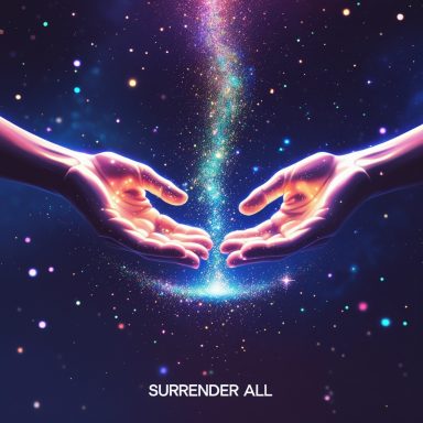 Outstretched hands reaching towards a glowing, swirling galaxy, with "Surrender All" below.