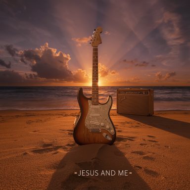 A guitar and amplifier on a beach at sunset with the text "Jesus and Me."