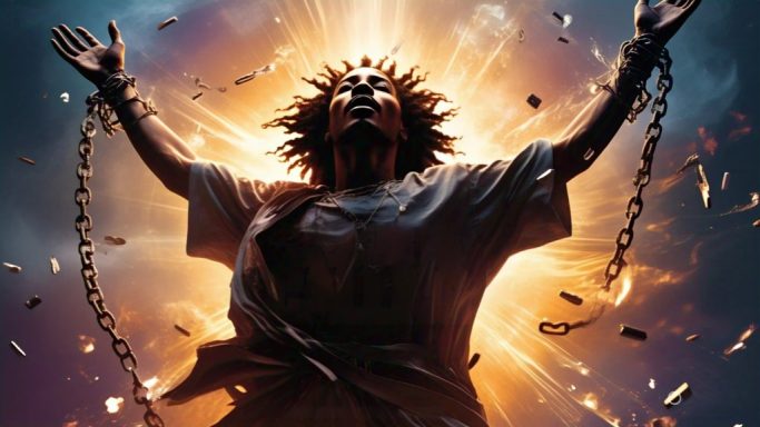 A Woman breaking free from chains, surrounded by a bright, explosive light.