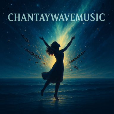 Silhouette of a woman dancing joyfully against a starry sky with glowing light beams.