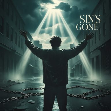 A person with outstretched arms stands in a foggy street, illuminated by beams of light.