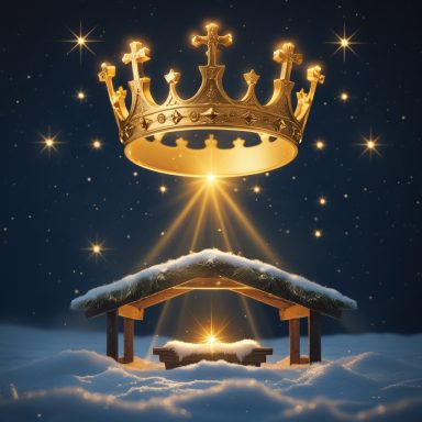 A golden crown above a stable, illuminated by beams of light in a snowy scene.