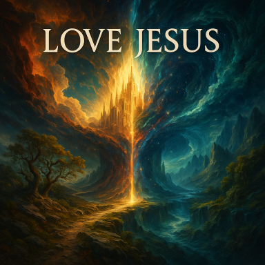 A vibrant landscape with a glowing tree and the text "LOVE JESUS" at the top.