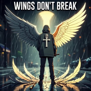 A person in a hooded jacket stands in the rain, surrounded by glowing angel wings.