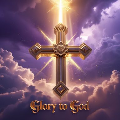 Golden cross emitting light above clouds with the text "Glory to God" below.