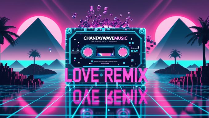 Retro cassette tape with "LOVE REMIX" text in a vibrant, neon landscape with pyramids.