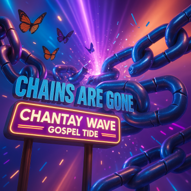 Text reads "Chains Are Gone" with "Chantay Wave Gospel Tide" on a vibrant, dynamic background.