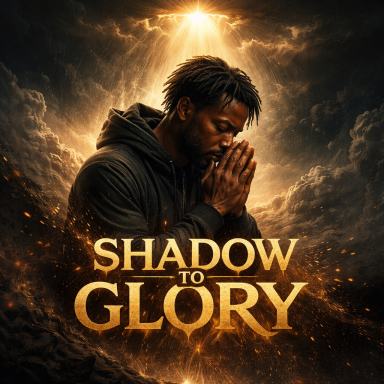 A man in a hoodie prays, surrounded by dramatic clouds and light, with "SHADOW TO GLORY" text.