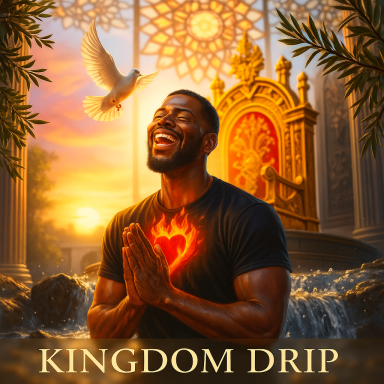 A man prays with a glowing heart, surrounded by a serene, vibrant setting.